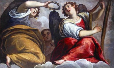 Musical Angels with a Cymbal and a Harp by Palma Il Giovane