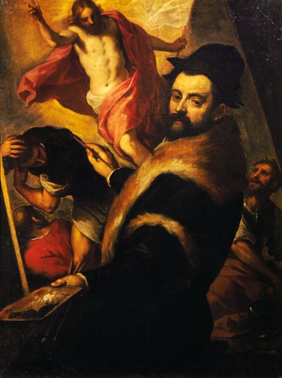 Self-portrait while painting Resurrection by Palma Il Giovane