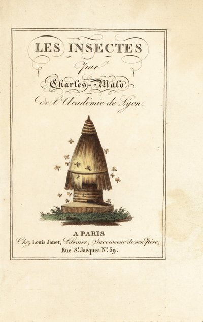 Title page with calligraphic title and vignette of beehive with bees by Pancrace (after) Bessa