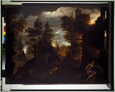 A Nymph and a Satyr by a Ruined Building in a Rocky Wooded Landscape by Paolo (1540 96) Fiammingo