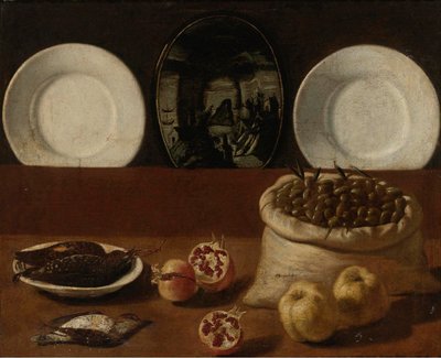 Still Life with Plates, a Sack Filled with Olives, Game, Pomegranates, and Quince by Paolo Antonio Barbieri