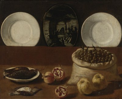 Still Life with Plates, a Sack Filled with Olives, Game, Pomegranates, and Quince by Paolo Antonio Barbieri