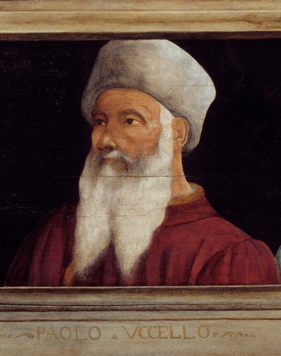 Cassone featuring 5 portraits of the Master of the Florentine Renaissance detail with the portrait of Paolo di Dono (1397-1475) called Paolo Uccello. The inscription below is probably successive. Musee du Louvre, Paris by Paolo Uccello