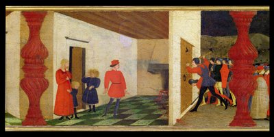 Predella of the Profanation of the Host: The Jewish Pawnbroker Roasting the Consecrated Host in the Fire Which Streams with Blood Arousing the Attention of the Bailiffs who Batter Down the Door (detail) by Paolo Uccello