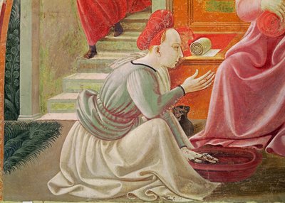 The Birth of the Virgin (detail of a seated maid servant) by Paolo Uccello
