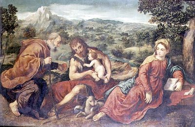 Holy Family with St. John the Baptist in a Landscape by Paris Bordone