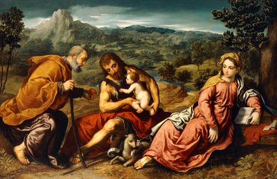 The Holy Family with Saint John the Baptist in a Landscape by Paris Bordone