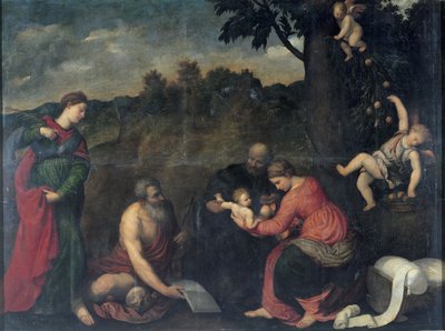 The Holy Family with Saints Jerome, Catherine of Alexandria and Angels by Paris Bordone
