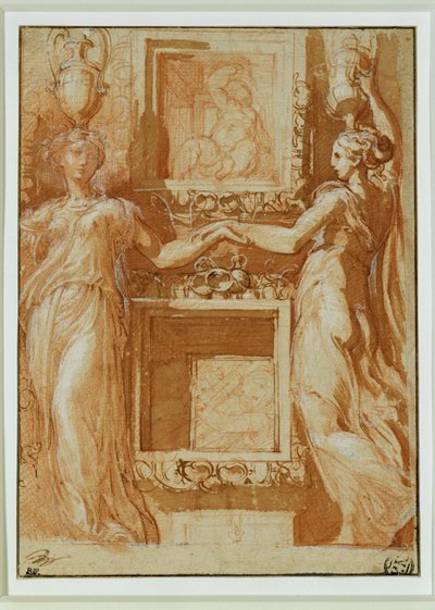 Two Canephores Holding Hands Across Boxes by Parmigianino (1503-40)