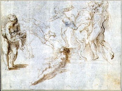 Figure Studies: Woman Holding a Baby; Man Pursued by Another; Nude Woman Lying on Ground; Hercules and the Nemean Lion by Parmigianino