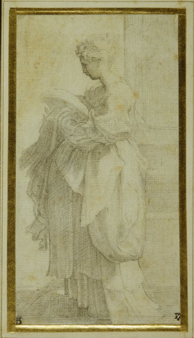 Standing figure of a girl with bulky draperies by Parmigianino 