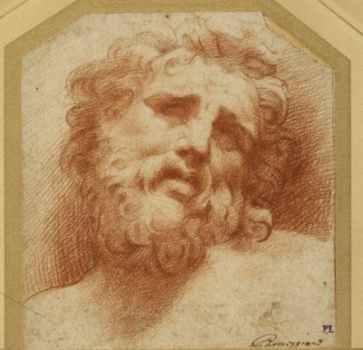 A bearded head, looking up (possibly Laocoon) by Parmigianino