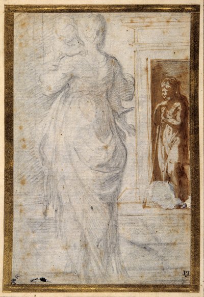 Back view of a woman carrying a child; a man leaning on his staff waits in a doorway by Parmigianino