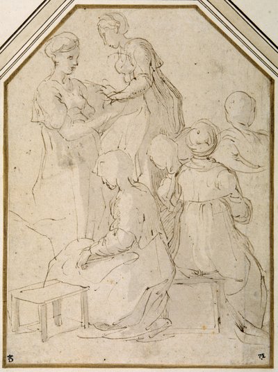 Domestic group, two standing women and four sitting by Parmigianino