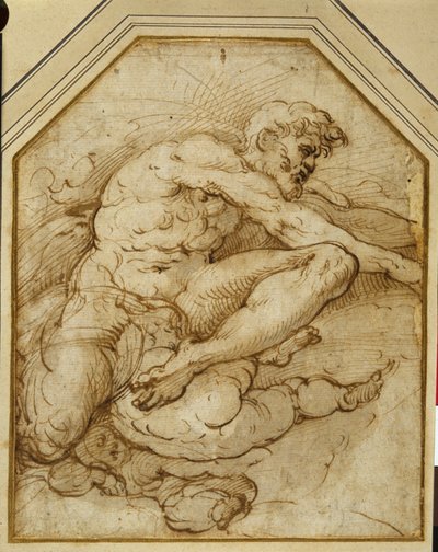 Male figure, born aloft in clouds by putti by Parmigianino