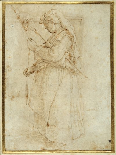 Old woman with a distaff, standing before a fireplace by Parmigianino
