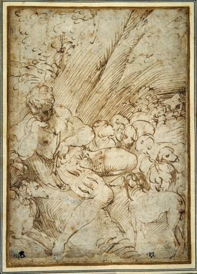 Shepherd Boy Holding a Pipe, Resting Under a Tree with His Dog Among Their Flock by Parmigianino