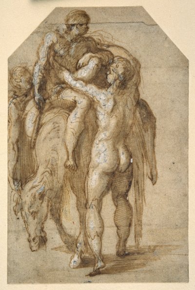 Two nude men lifting a sick man from a tired horse by Parmigianino