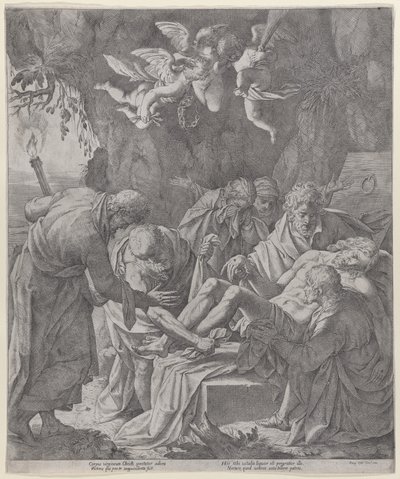 Christ being laid into the sepulcher as the Virgin stands weeping behind by Pasquale Ottino