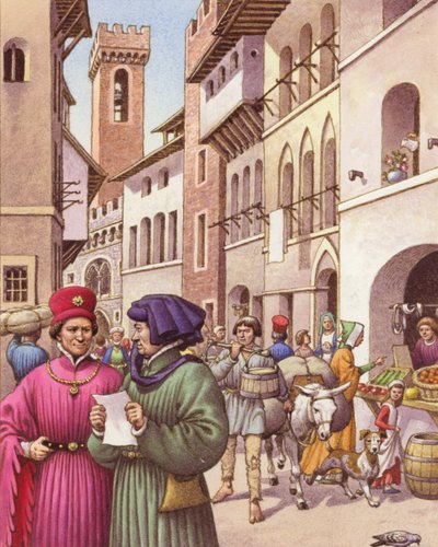 A Typical Street Scene in Florence in the Early 15th Century by Pat (1907-95) Nicolle