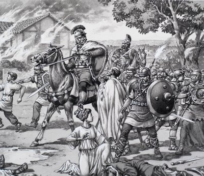 Barbarian Attack on the Romano British by Pat (1907-95) Nicolle