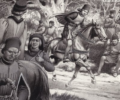Conspirators look on as Lorenzo de Medici rides by by Pat (1907-95) Nicolle