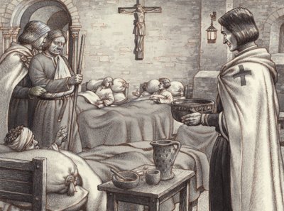 Godfrey de Bouillon Watches Benedictine Monks Caring for the Wounded by Pat (1907-95) Nicolle