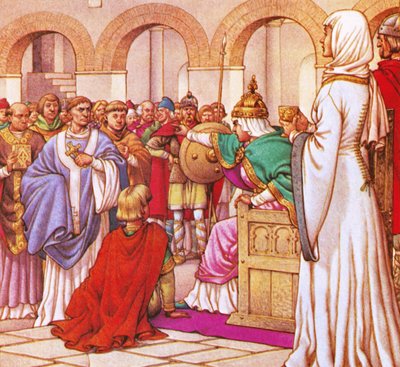 In 610 AD, Brunehilda, Queen of the Burgundians, Expelled Columbanus for Preaching Against the Luxury of Her Court by Pat (1907-95) Nicolle