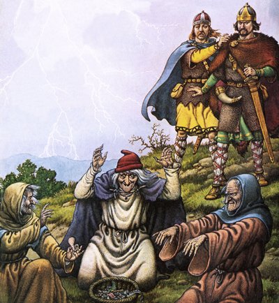 Macbeth and the three witches by Pat (1907-95) Nicolle
