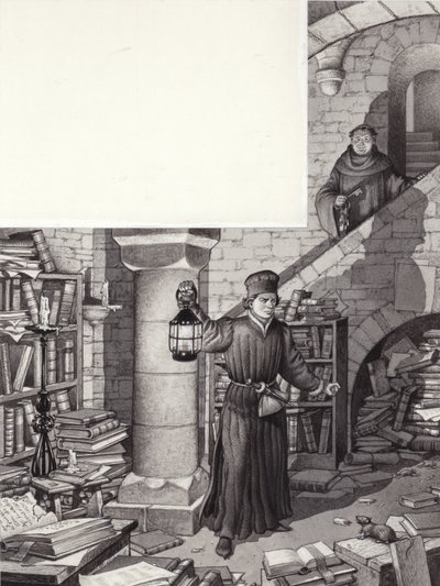 Poggio Bracciolini in the Neglected Library of the Monastery of St Gall by Pat (1907-95) Nicolle