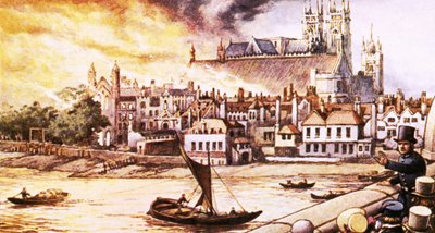 The Old Houses of Parliament Being Destroyed by Fire in 1834 by Pat (1907-95) Nicolle
