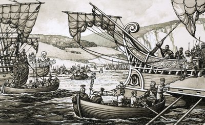 The Romans Under Julius Caesar Landed in 55BC at Dover After a Grim Struggle by Pat (1907-95) Nicolle