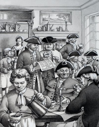 Typical London coffee house in the 18th century by Pat (1907-95) Nicolle