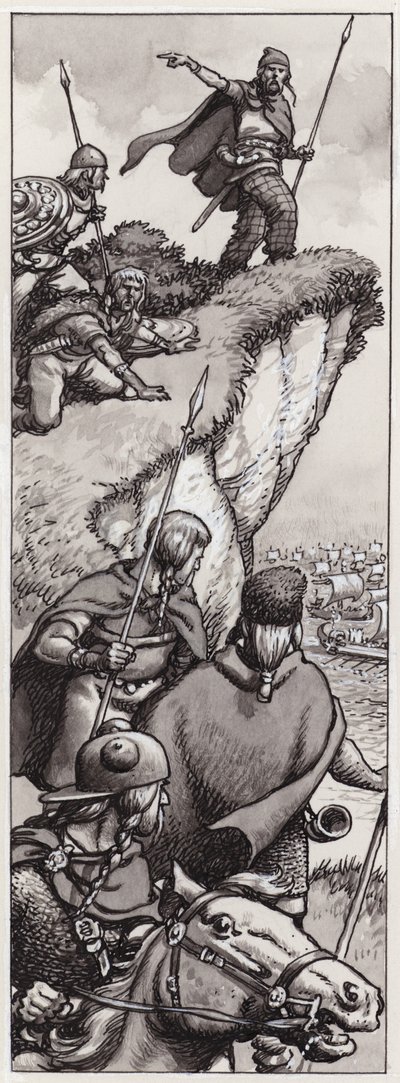 Ancient Britons spotting the invading forces of Julius Caesar in 55BC by Pat (1907-95) Nicolle