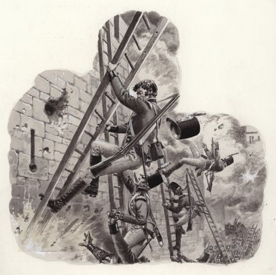 British soldiers under fire from the French during the attack on Badajoz by Pat (1907 95) Nicolle