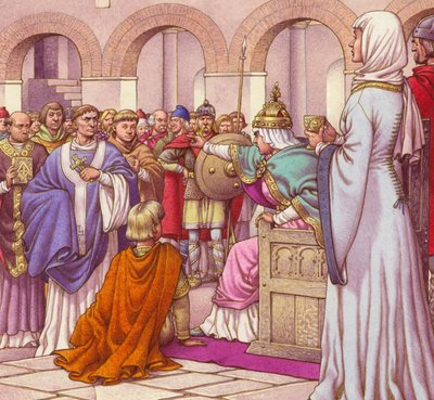Brunehilda, queen of the Burgundians, expels Columbanus by Pat (1907-95) Nicolle