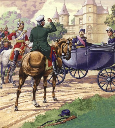 Count Bismark approaches the carriage of Napoleon III by Pat (1907-95) Nicolle