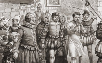 King Henri III of France doing penance by walking through the streets of Paris in a hair shirt whilst being whipped by Pat (1907-95) Nicolle