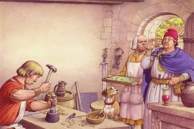 King Offa examines coins made at the Royal Mint of Mercia by Pat (1907-95) Nicolle