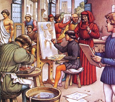 Lorenzo de Medici visiting the school he set up for artists by Pat (1907-95) Nicolle