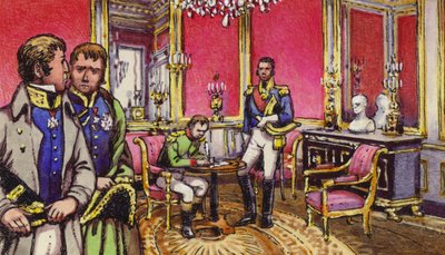 Napoleon signs the articles of abdication at the Palace of Fontainbleau by Pat (1907-95) Nicolle