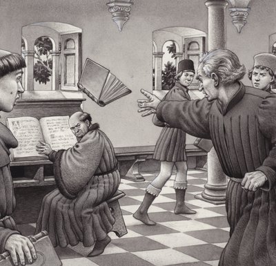 Poggio Bracciolini throws a book at a fellow scholar, Tortelli by Pat (1907-95) Nicolle