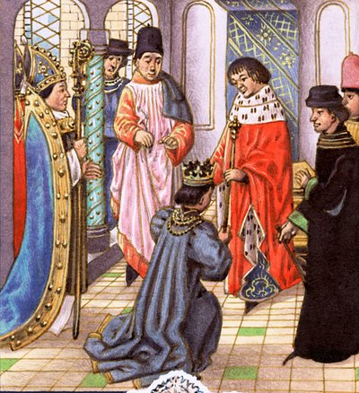 Richard II resigning his crown to Henry Bollingbroke, later Henry IV by Pat (1907-95) Nicolle