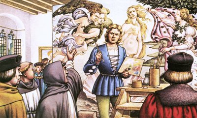Savonarola berating Botticelli for painting the Birth of Venus by Pat (1907-95) Nicolle