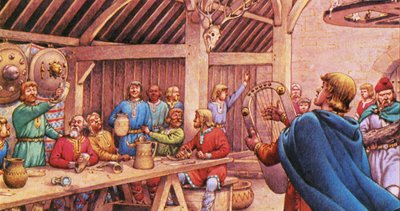 Saxons carousing in a typical wood-built hall by Pat (1907-95) Nicolle