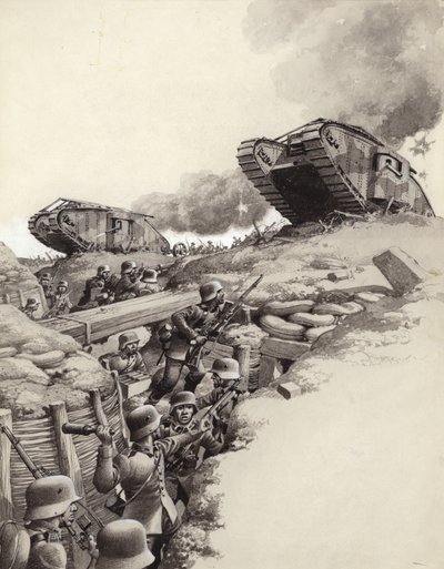 Tanks roll over German trenches during the Great War by Pat (1907-95) Nicolle