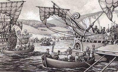 The Romans invading England in 55BC under Julius Caesar by Pat (1907-95) Nicolle
