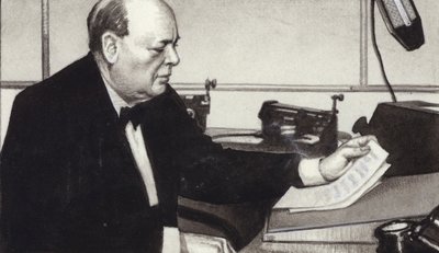 Winston Churchill makes one of his famous wartime broadcasts on radio by Pat (1907-95) Nicolle