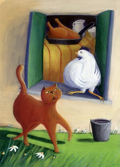 Cat and chicken in the yard of the farm (Illustration) by Patrizia La Porta