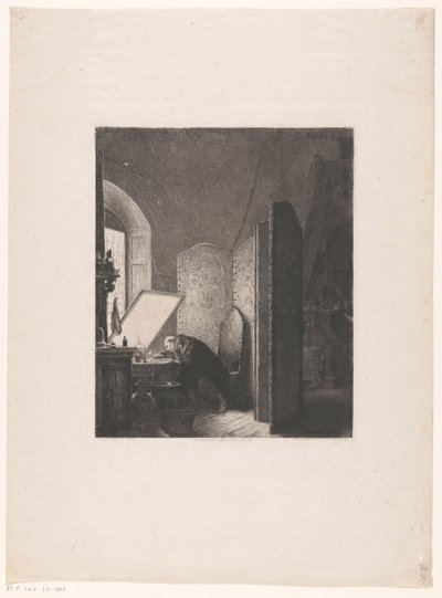 Rembrandt etching in his studio by Paul Adolphe Rajon